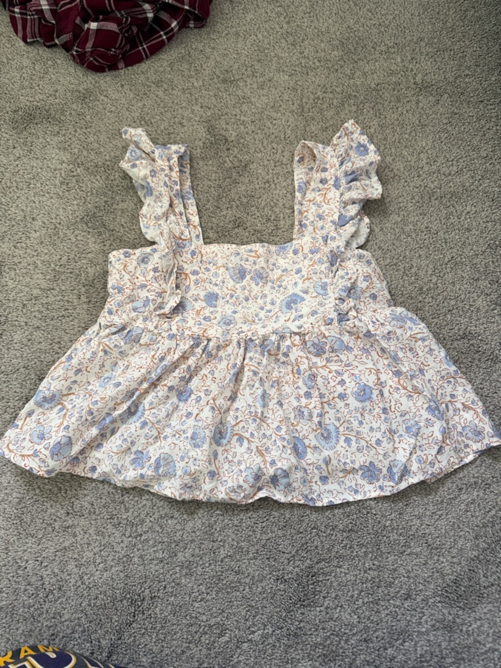 Billabong White Floral Ruffle Tank Top with Blue and Tan Print